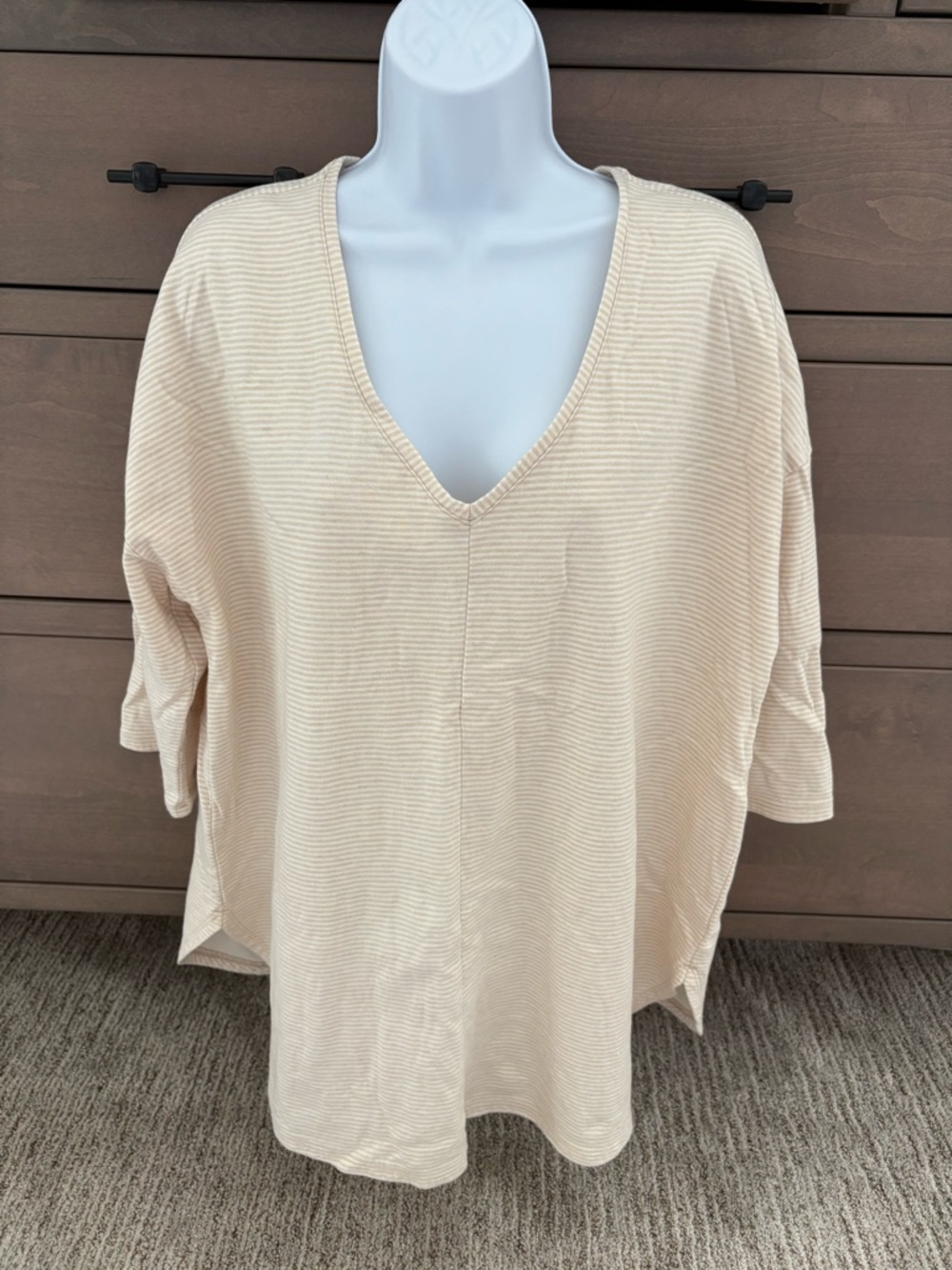 Pure JJill  Organic Cotton Tee in Light Beige/faint stripes.